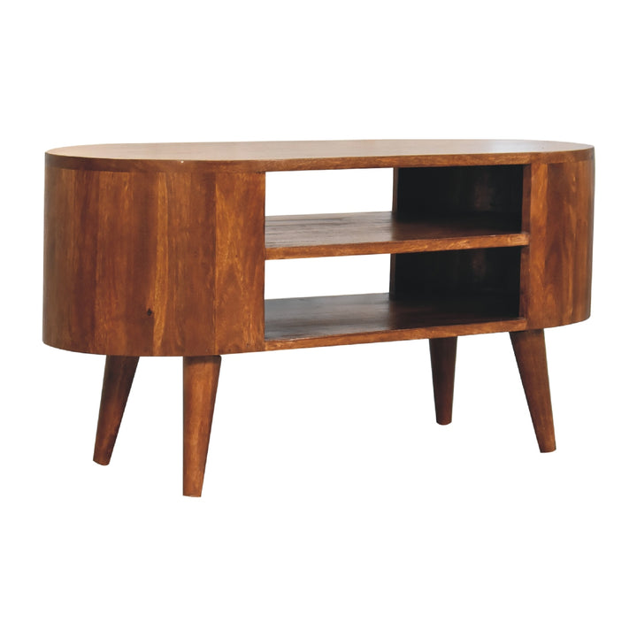 Solid Wood Cortez Chestnut Media Unit, 2 Open Shelves, Nordic Legs, Brown