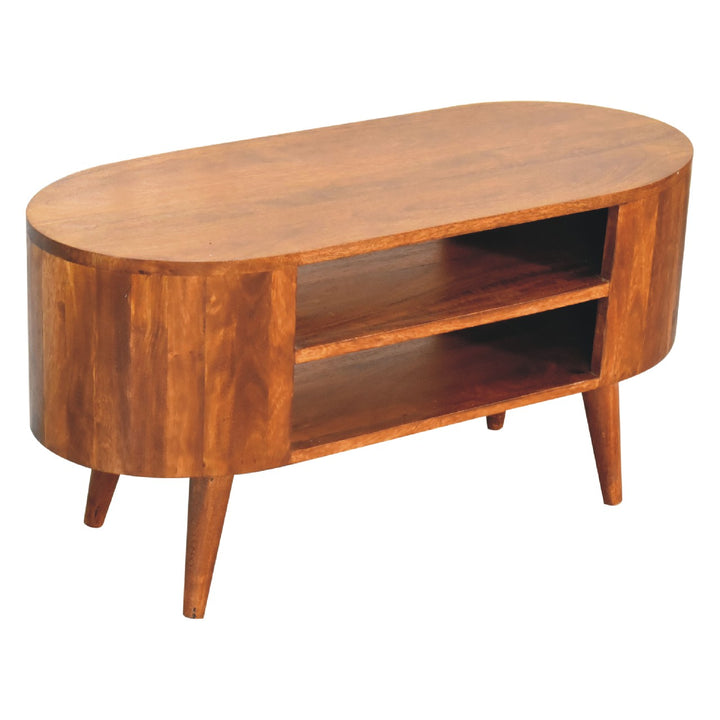 Solid Wood Cortez Chestnut Media Unit, 2 Open Shelves, Nordic Legs, Brown
