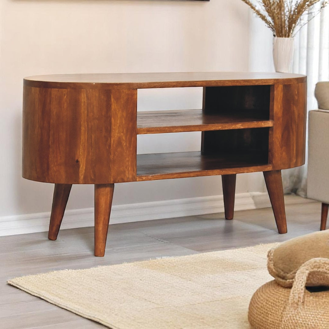 Solid Wood Cortez Chestnut Media Unit, 2 Open Shelves, Nordic Legs, Brown