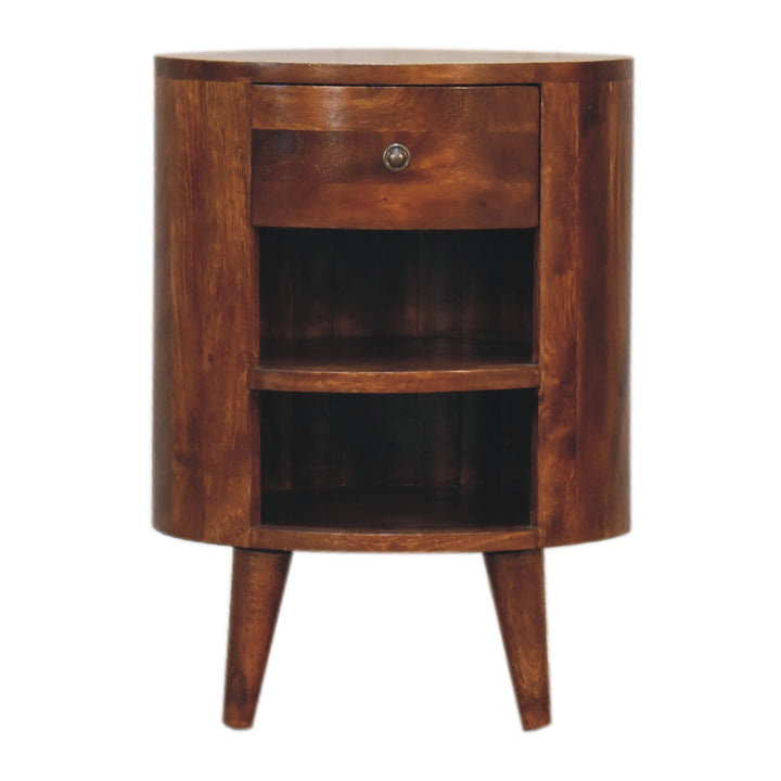 Solid Wood Cortez Nightstand, Chestnut finish, 1-Drawer, 2 Open Slots, Dark Brown