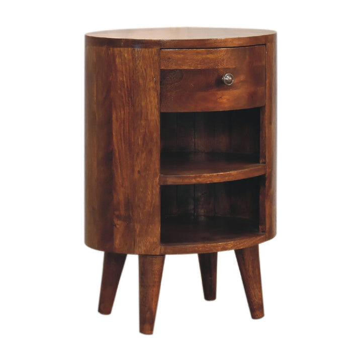 Solid Wood Cortez Nightstand, Chestnut finish, 1-Drawer, 2 Open Slots, Dark Brown
