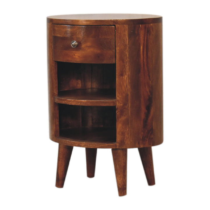 Solid Wood Cortez Nightstand, Chestnut finish, 1-Drawer, 2 Open Slots, Dark Brown
