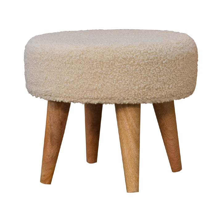 Solid Wood Boucle Petite Footstool, Nordic Legs, Upholstered, Beige and Light Brown