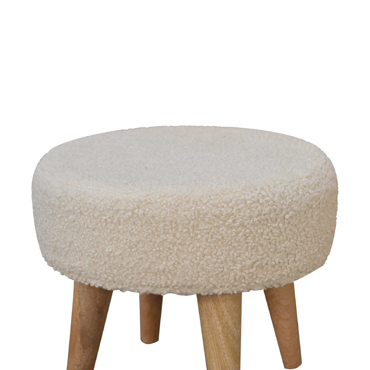 Solid Wood Boucle Petite Footstool, Nordic Legs, Upholstered, Beige and Light Brown