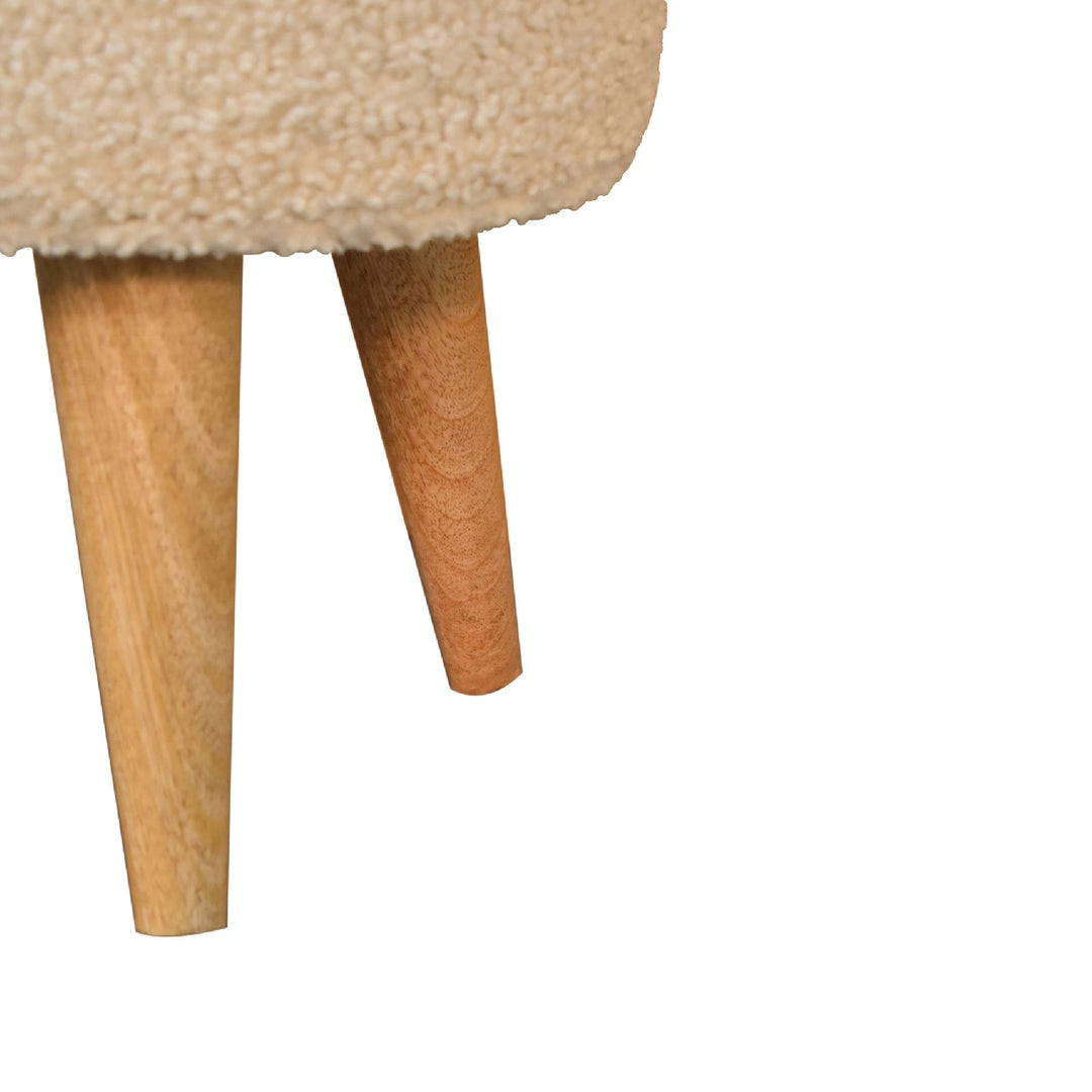 Solid Wood Boucle Petite Footstool, Nordic Legs, Upholstered, Beige and Light Brown