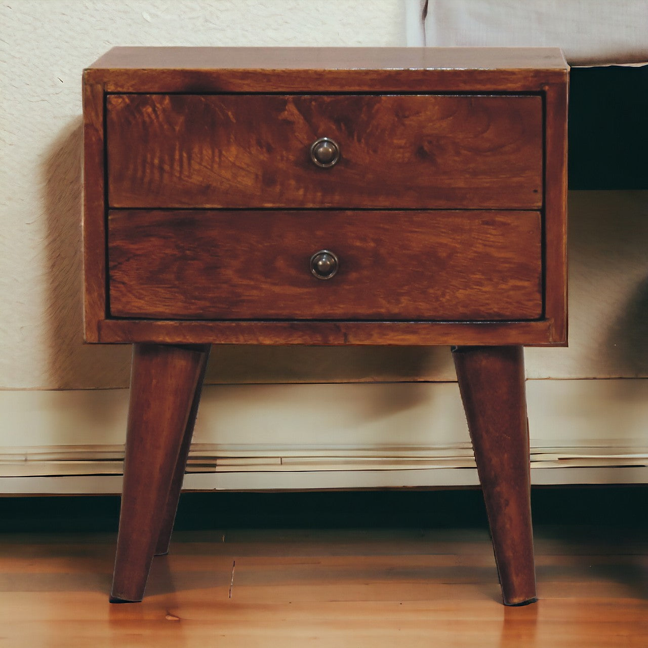 Solid Wood Mini Modern Bedside, 2-Drawers, Chestnut, Dark Brown ...