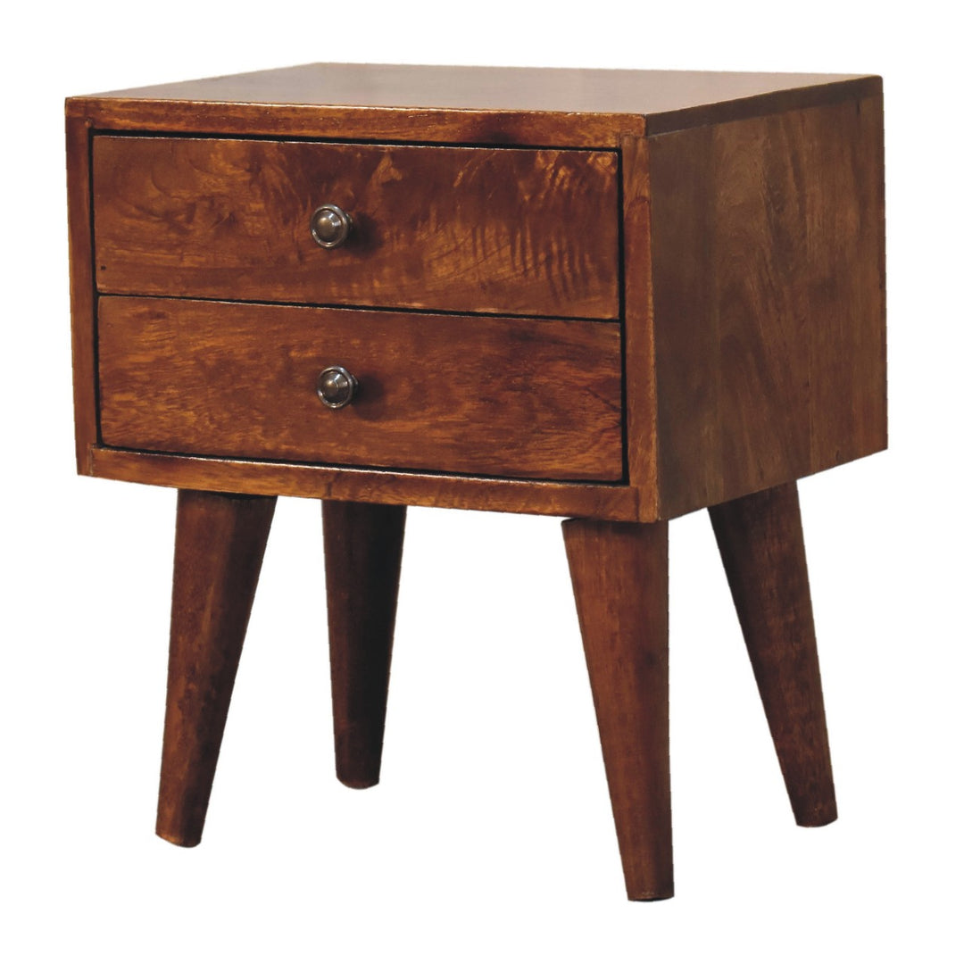 Solid Wood Mini Modern Bedside, 2-Drawers, Chestnut, Dark Brown
