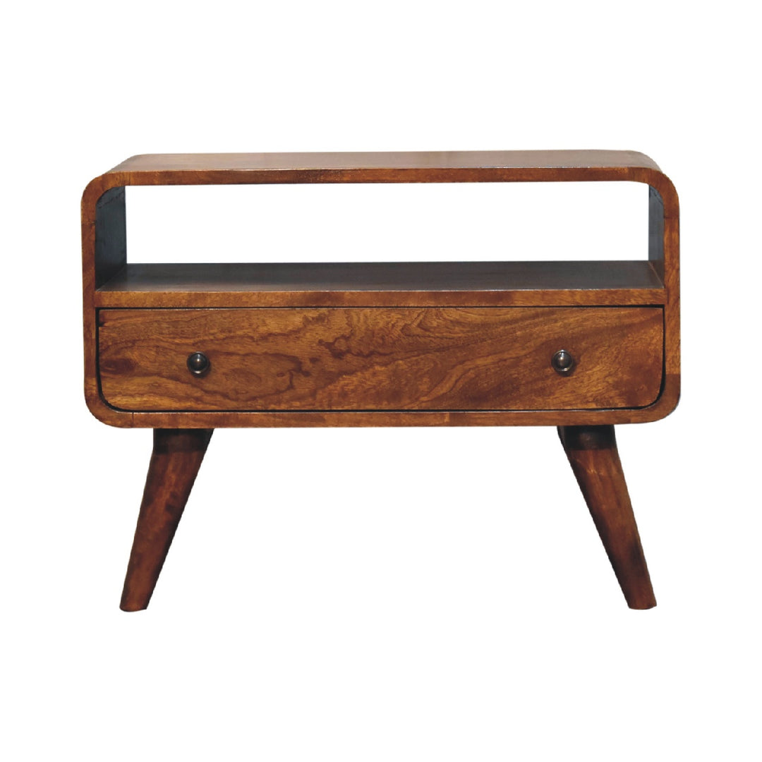 Solid Wood Mini Curved Media Unit, Chestnut, 1-Drawer, 1 Open Slot, Dark Brown