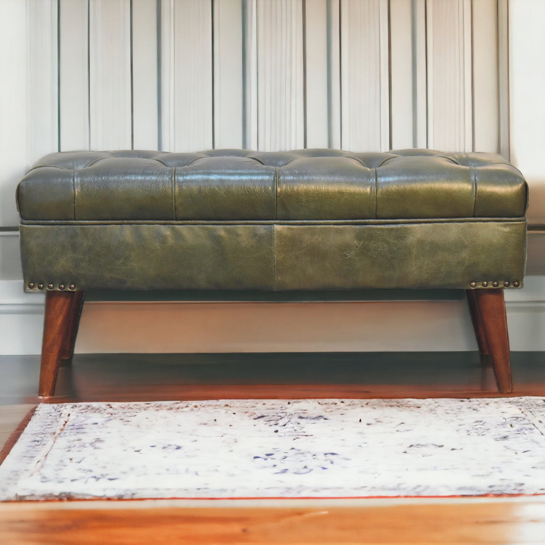 Solid Wood Harbour Leather Upholstered Bench, Green and Brown