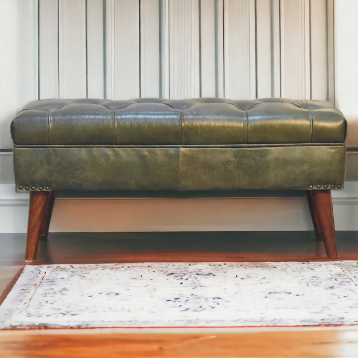Solid Wood Harbour Leather Upholstered Bench, Green and Brown