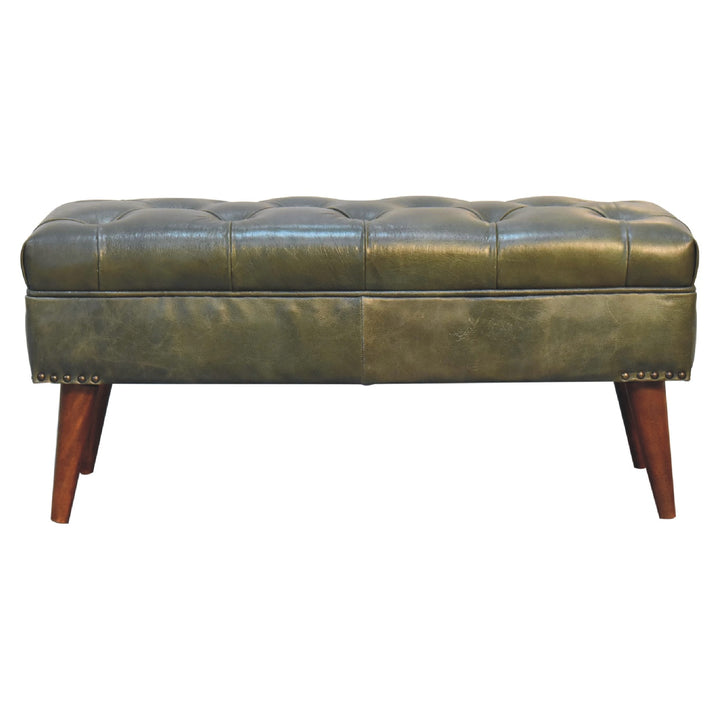 Solid Wood Harbour Leather Upholstered Bench, Green and Brown