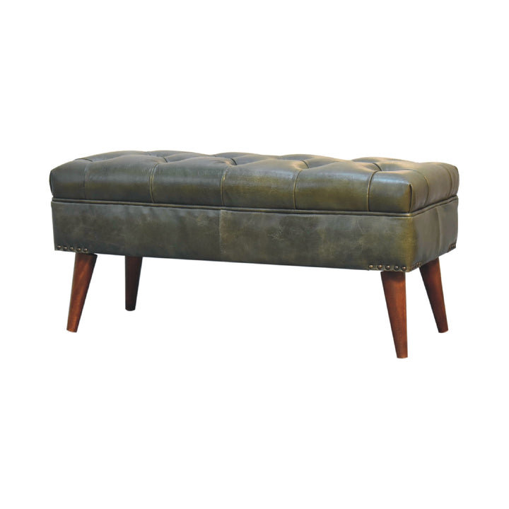 Solid Wood Harbour Leather Upholstered Bench, Green and Brown