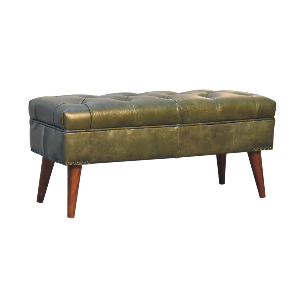 Solid Wood Harbour Leather Upholstered Bench, Green and Brown