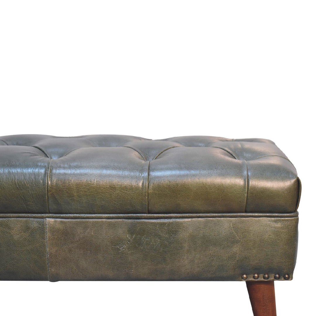 Solid Wood Harbour Leather Upholstered Bench, Green and Brown