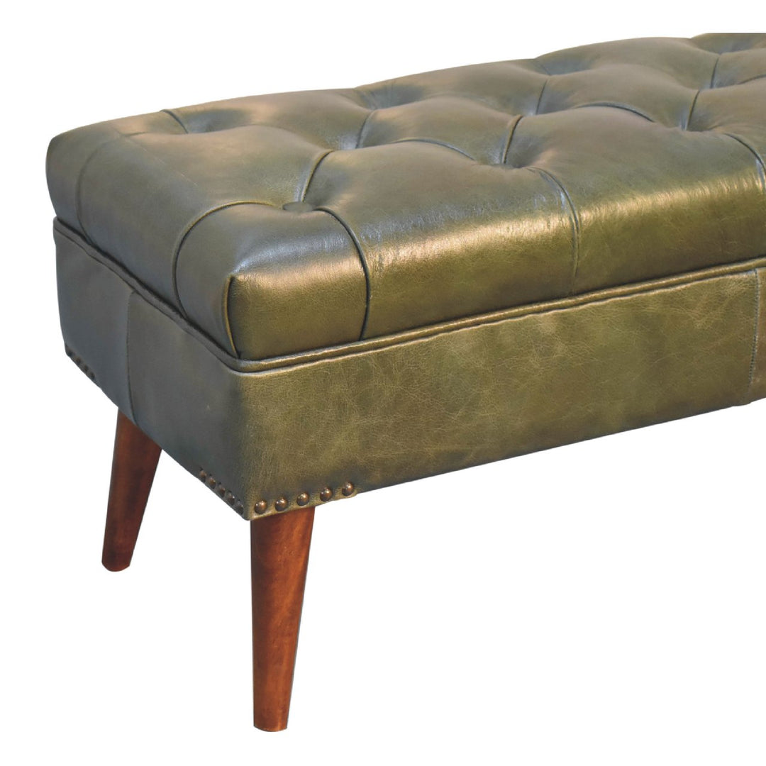 Solid Wood Harbour Leather Upholstered Bench, Green and Brown