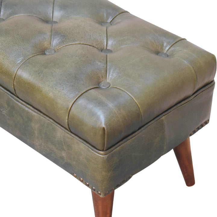Solid Wood Harbour Leather Upholstered Bench, Green and Brown
