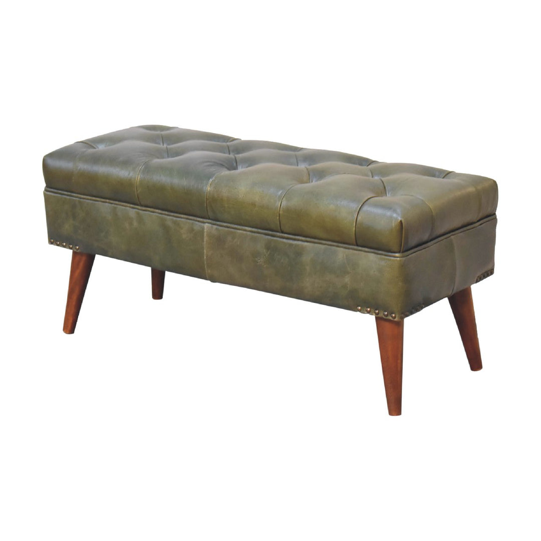 Solid Wood Harbour Leather Upholstered Bench, Green and Brown