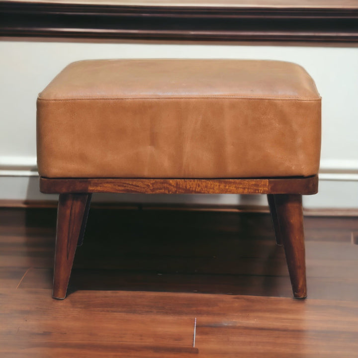 Tan Buffalo Leather Footstool, Upholstered, Nordic Legs, Tan and Dark Brown