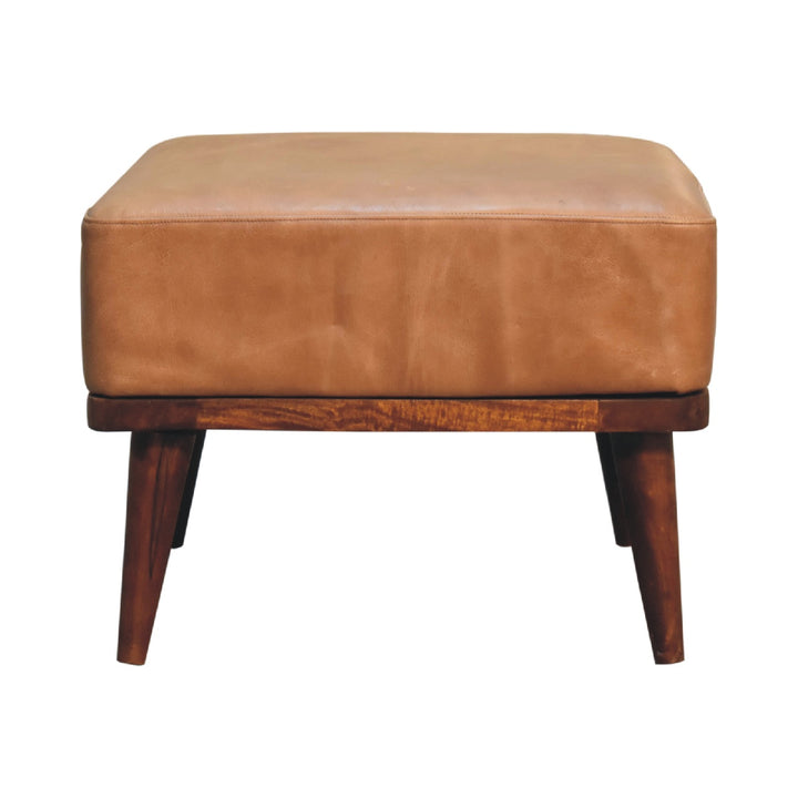 Tan Buffalo Leather Footstool, Upholstered, Nordic Legs, Tan and Dark Brown