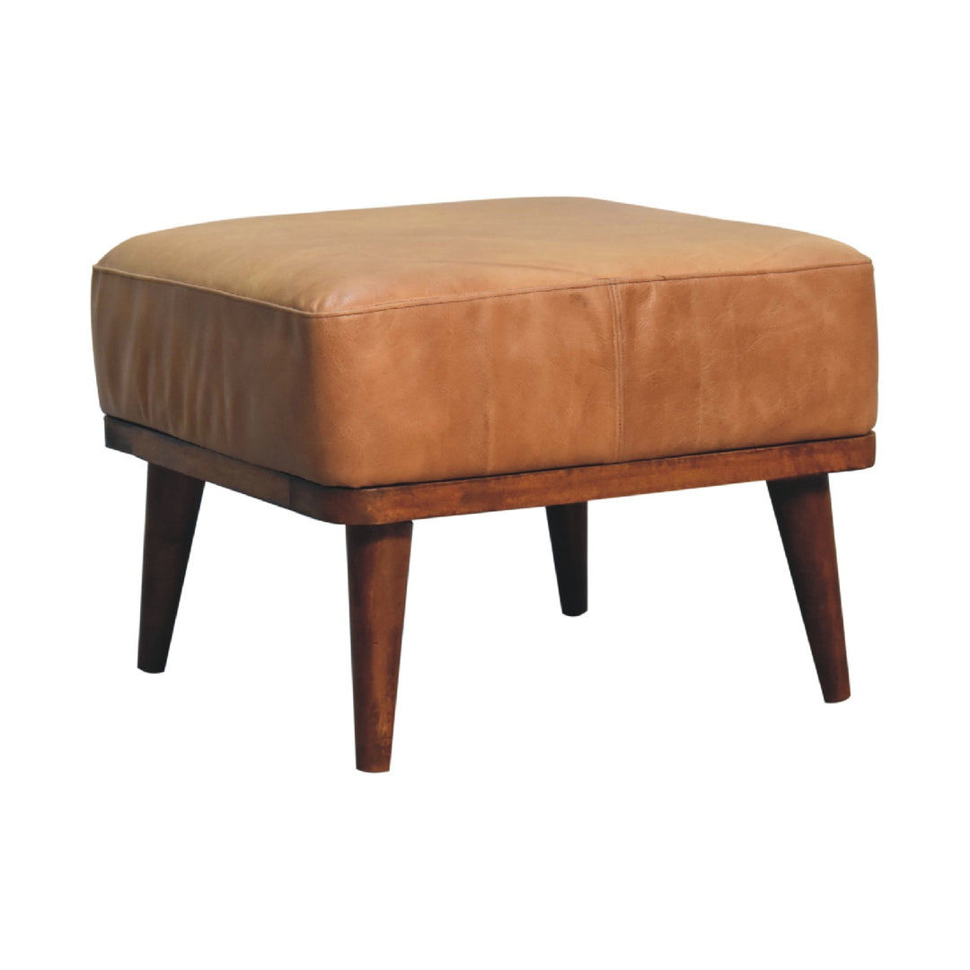 Tan Buffalo Leather Footstool, Upholstered, Nordic Legs, Tan and Dark Brown