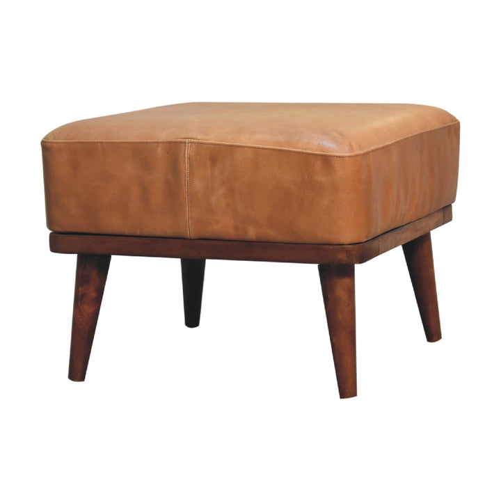 Tan Buffalo Leather Footstool, Upholstered, Nordic Legs, Tan and Dark Brown
