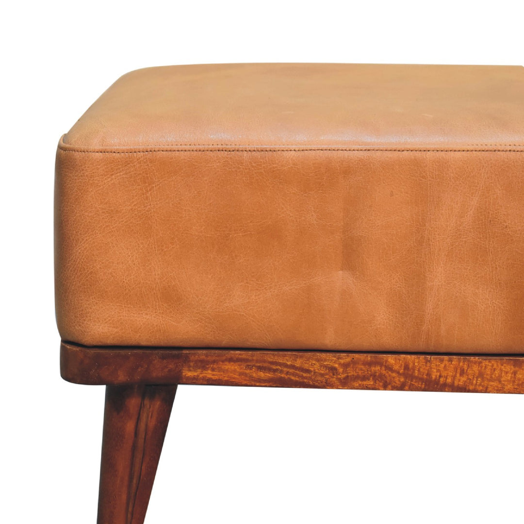 Tan Buffalo Leather Footstool, Upholstered, Nordic Legs, Tan and Dark Brown
