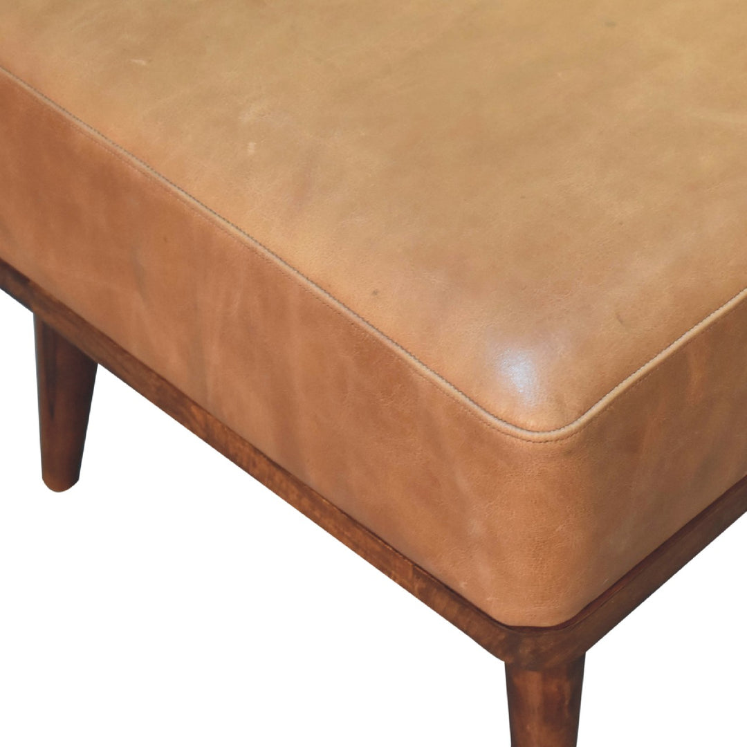 Tan Buffalo Leather Footstool, Upholstered, Nordic Legs, Tan and Dark Brown