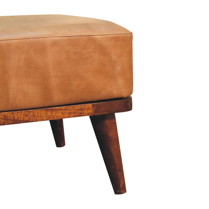 Tan Buffalo Leather Footstool, Upholstered, Nordic Legs, Tan and Dark Brown