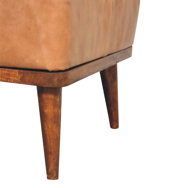 Tan Buffalo Leather Footstool, Upholstered, Nordic Legs, Tan and Dark Brown