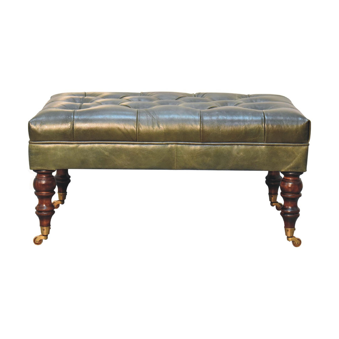 Buffalo Leather Upholstered Ottoman with Castor Legs, Green and Dark Brown