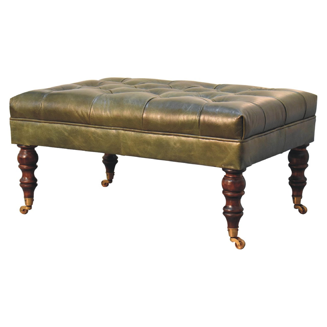 Buffalo Leather Upholstered Ottoman with Castor Legs, Green and Dark Brown