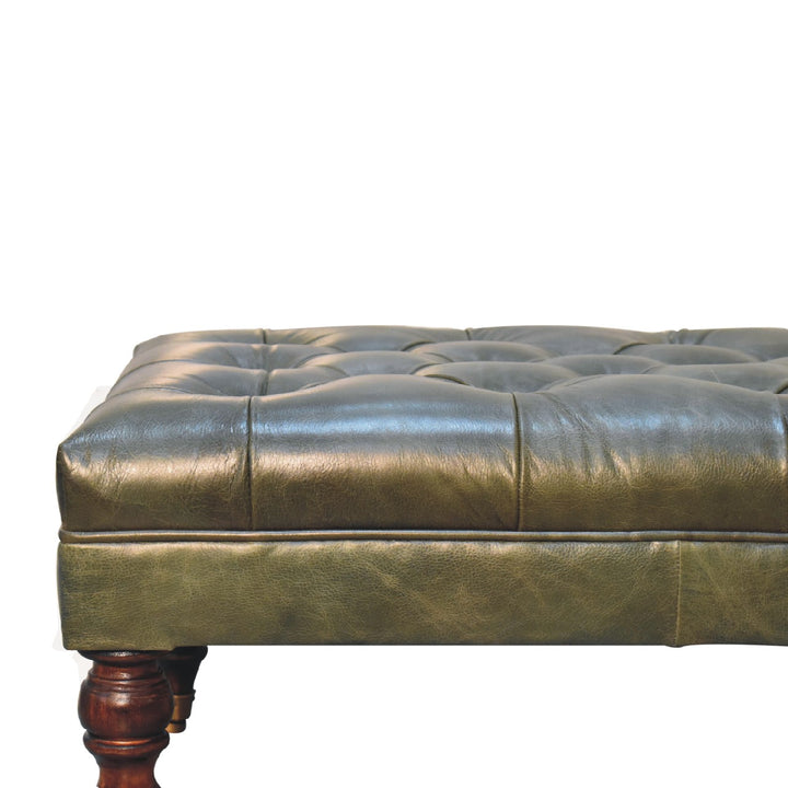 Buffalo Leather Upholstered Ottoman with Castor Legs, Green and Dark Brown