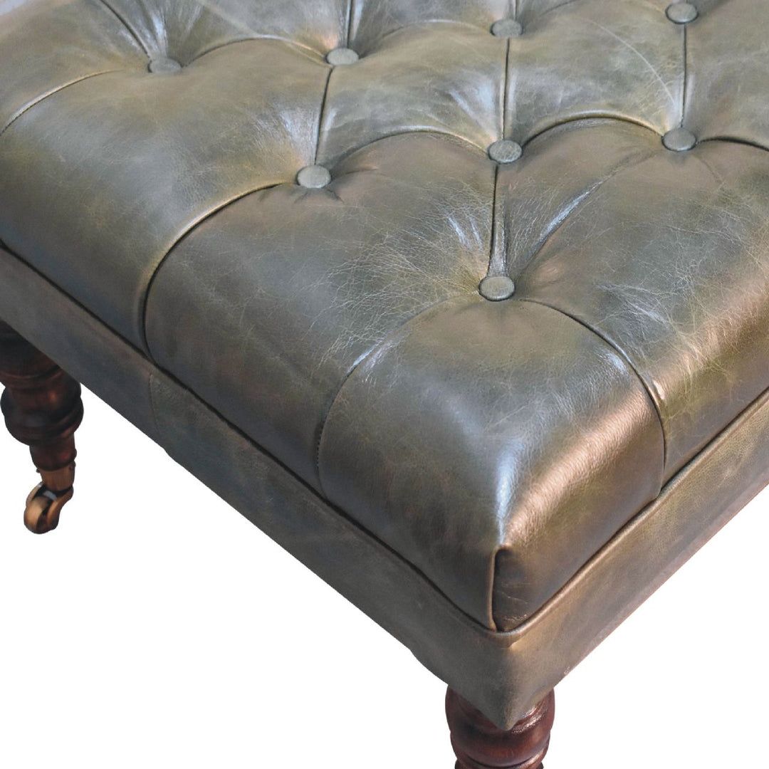 Buffalo Leather Upholstered Ottoman with Castor Legs, Green and Dark Brown