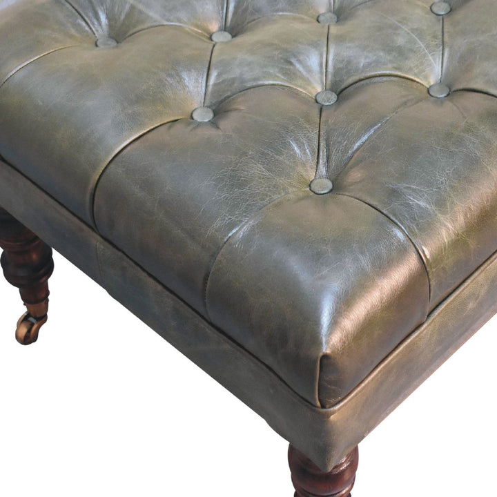 Buffalo Leather Upholstered Ottoman with Castor Legs, Green and Dark Brown