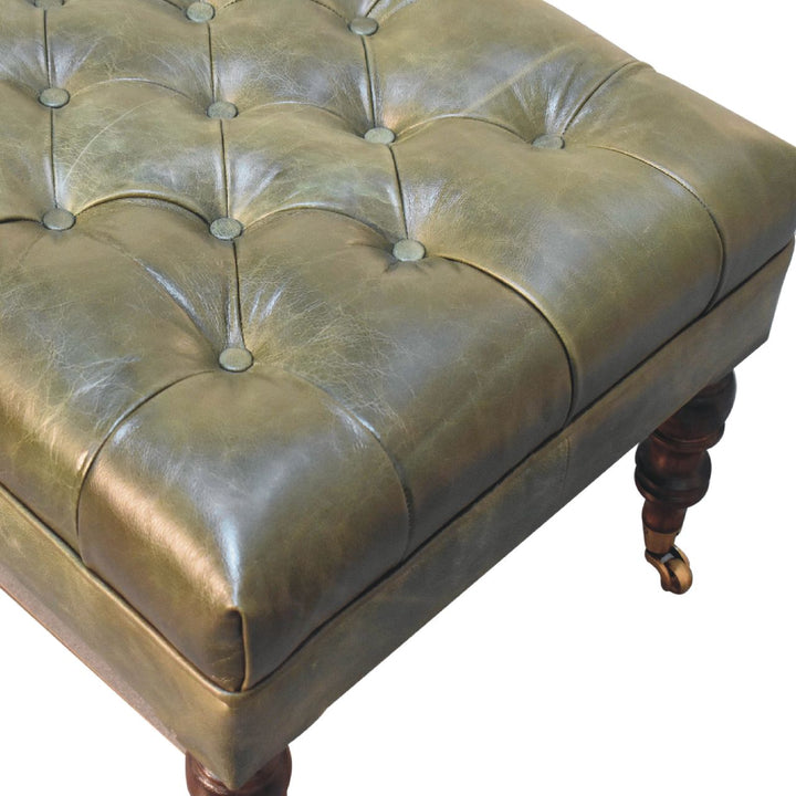 Buffalo Leather Upholstered Ottoman with Castor Legs, Green and Dark Brown