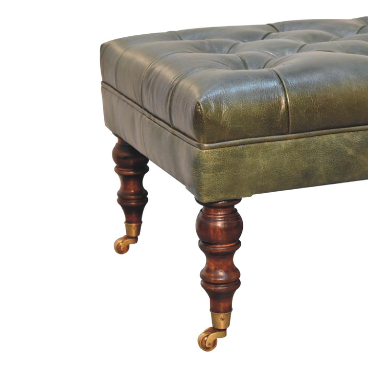 Buffalo Leather Upholstered Ottoman with Castor Legs, Green and Dark Brown