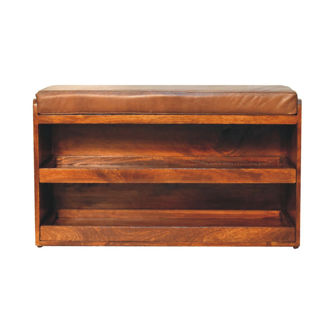 Solid Wood Buffalo Hide Pull-Out Chestnut Shoe Storage Bench, Brown