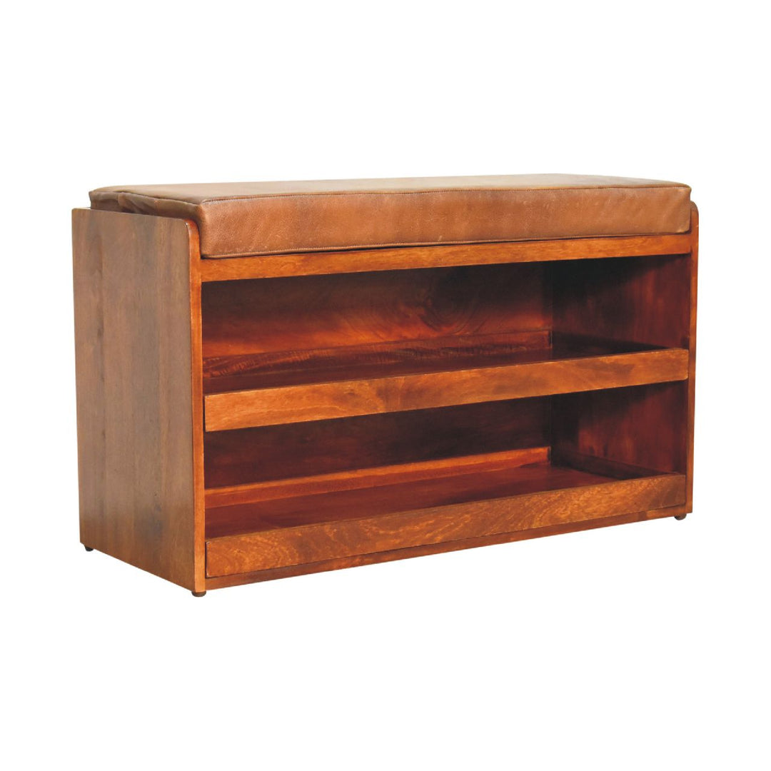 Solid Wood Buffalo Hide Pull-Out Chestnut Shoe Storage Bench, Brown