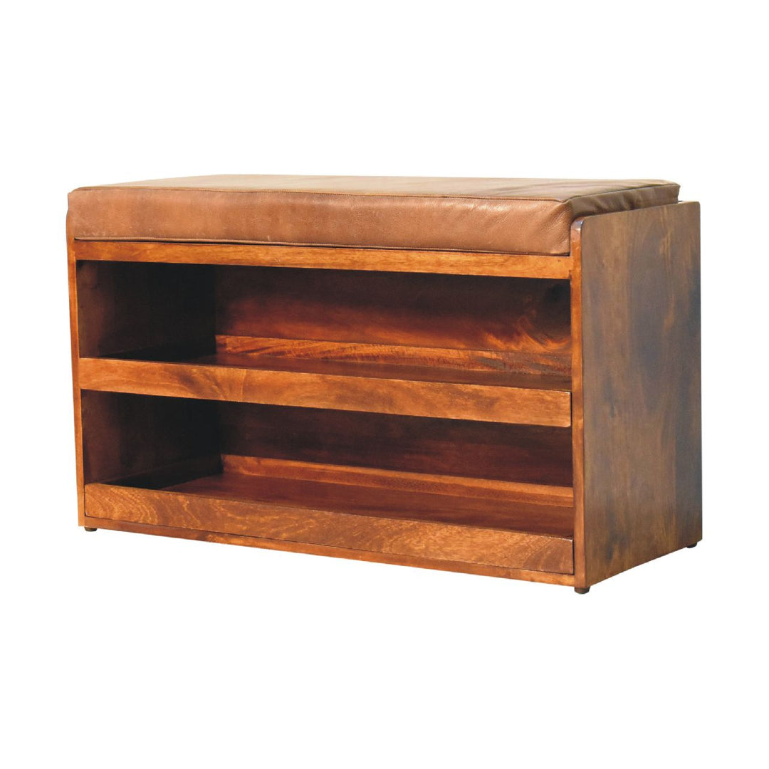 Solid Wood Buffalo Hide Pull-Out Chestnut Shoe Storage Bench, Brown