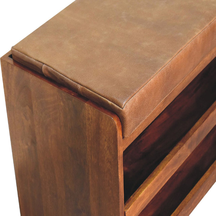 Solid Wood Buffalo Hide Pull-Out Chestnut Shoe Storage Bench, Brown