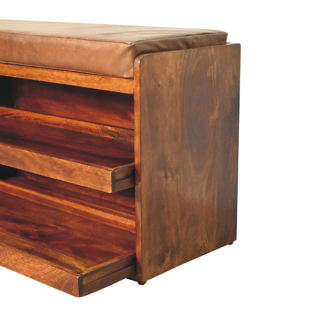 Solid Wood Buffalo Hide Pull-Out Chestnut Shoe Storage Bench, Brown