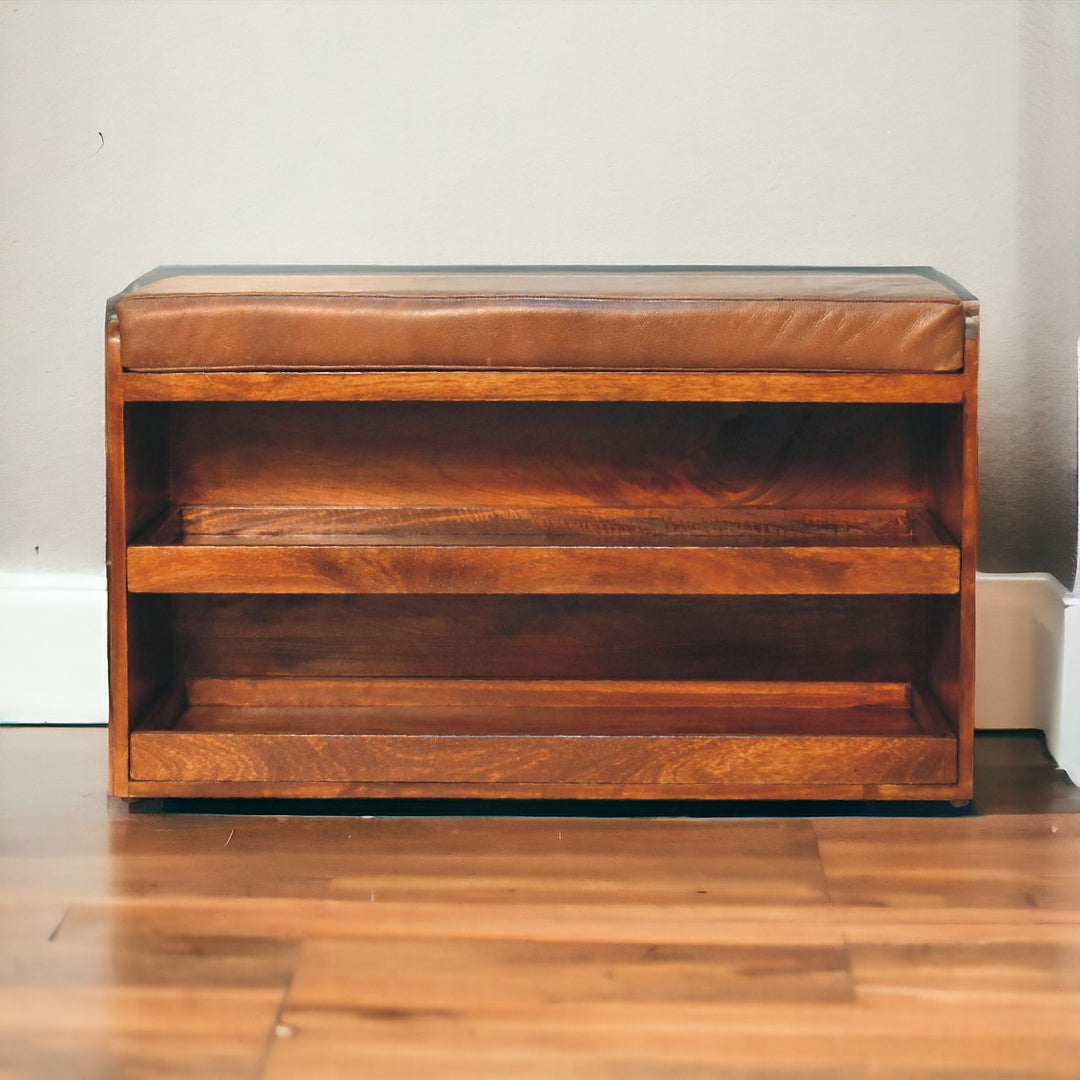 Solid Wood Buffalo Hide Pull-Out Chestnut Shoe Storage Bench, Brown