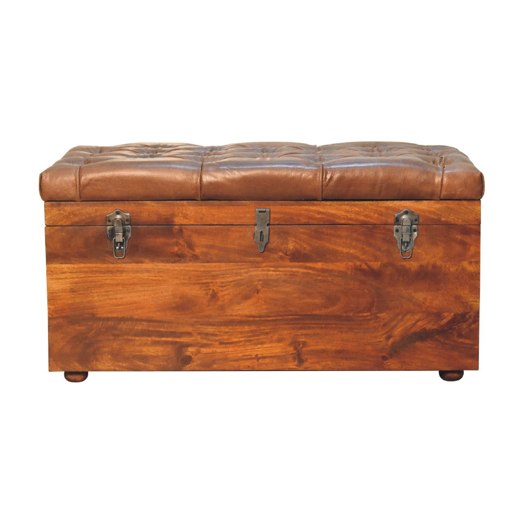 Solid Wood Buffalo Leather Upholstered Hide Chestnut Storage Trunk, Tan & Brown