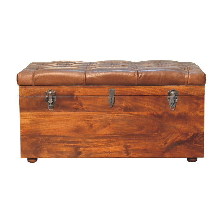 Solid Wood Buffalo Leather Upholstered Hide Chestnut Storage Trunk, Tan & Brown
