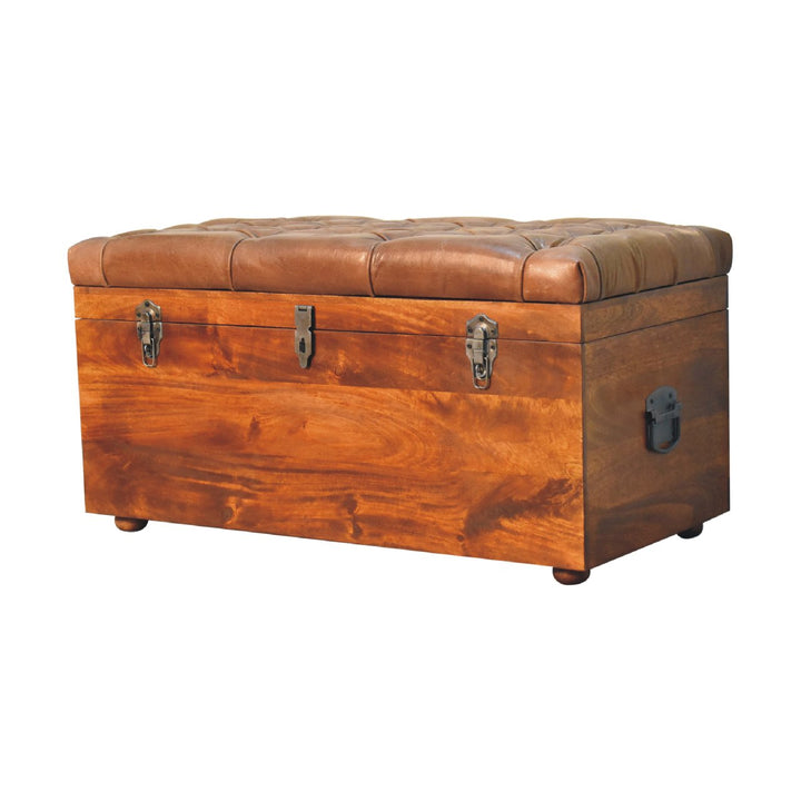 Solid Wood Buffalo Leather Upholstered Hide Chestnut Storage Trunk, Tan & Brown