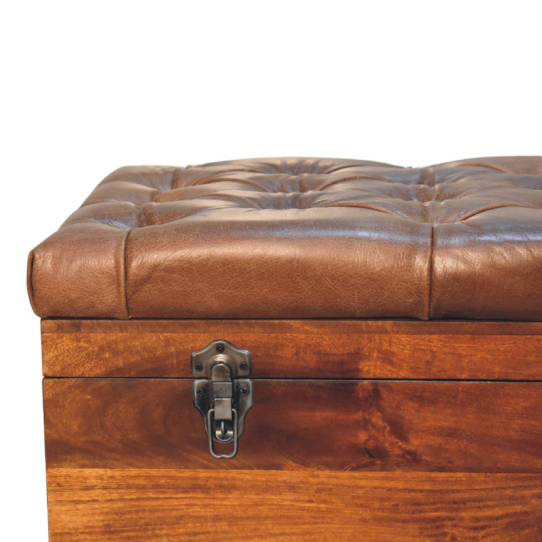 Solid Wood Buffalo Leather Upholstered Hide Chestnut Storage Trunk, Tan & Brown