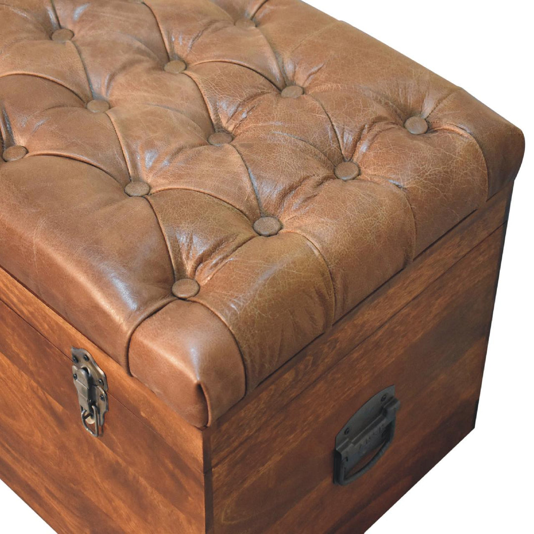 Solid Wood Buffalo Leather Upholstered Hide Chestnut Storage Trunk, Tan & Brown