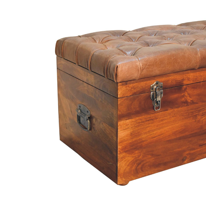 Solid Wood Buffalo Leather Upholstered Hide Chestnut Storage Trunk, Tan & Brown