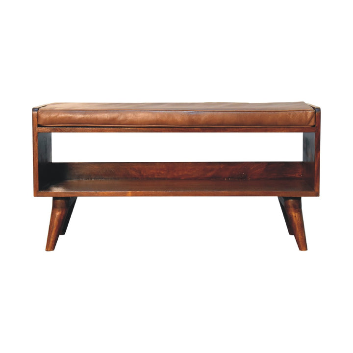 Solid Wood Chestnut Bench with Leather Seat pad, Nordic Legs, Tan and Dark Brown