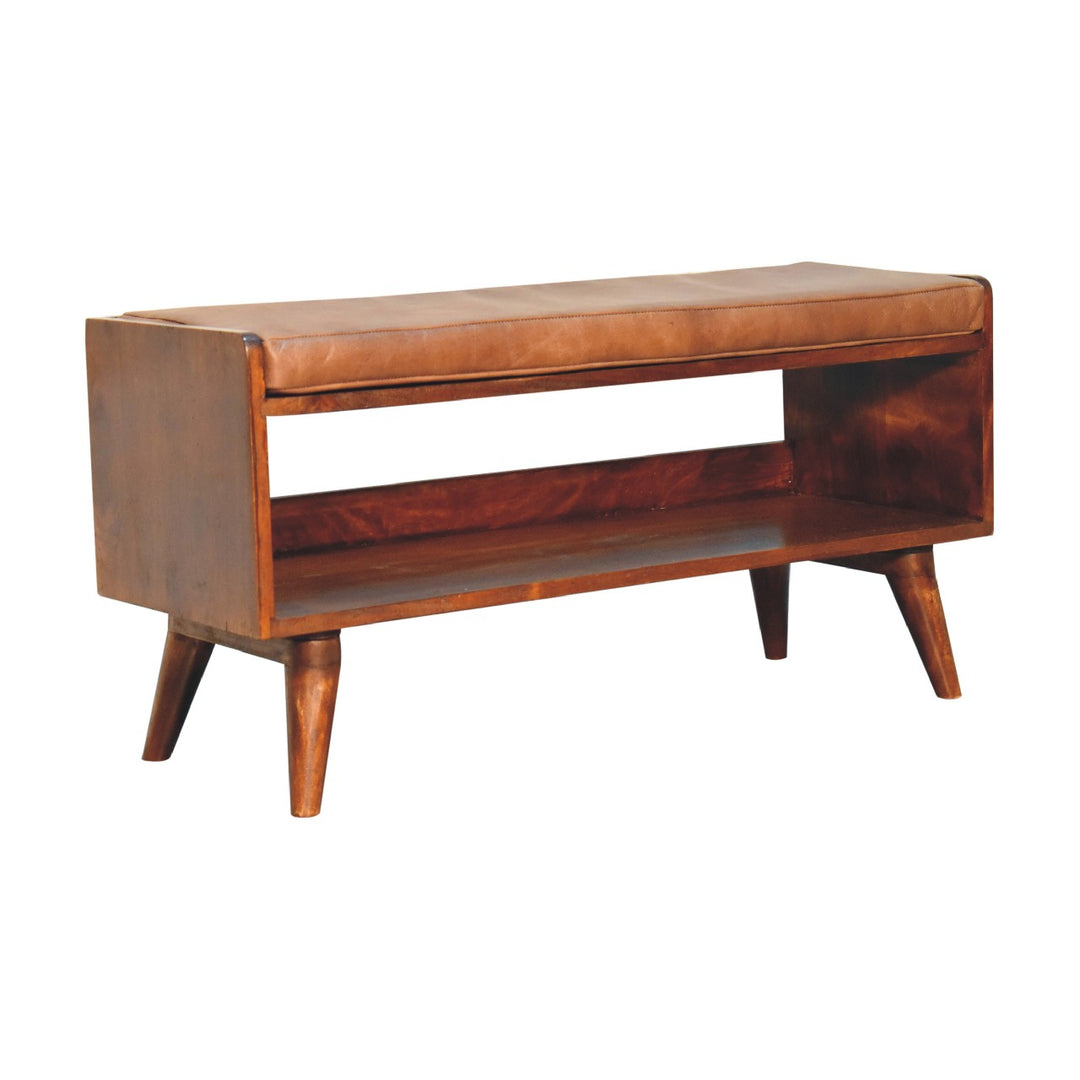 Solid Wood Chestnut Bench with Leather Seat pad, Nordic Legs, Tan and Dark Brown